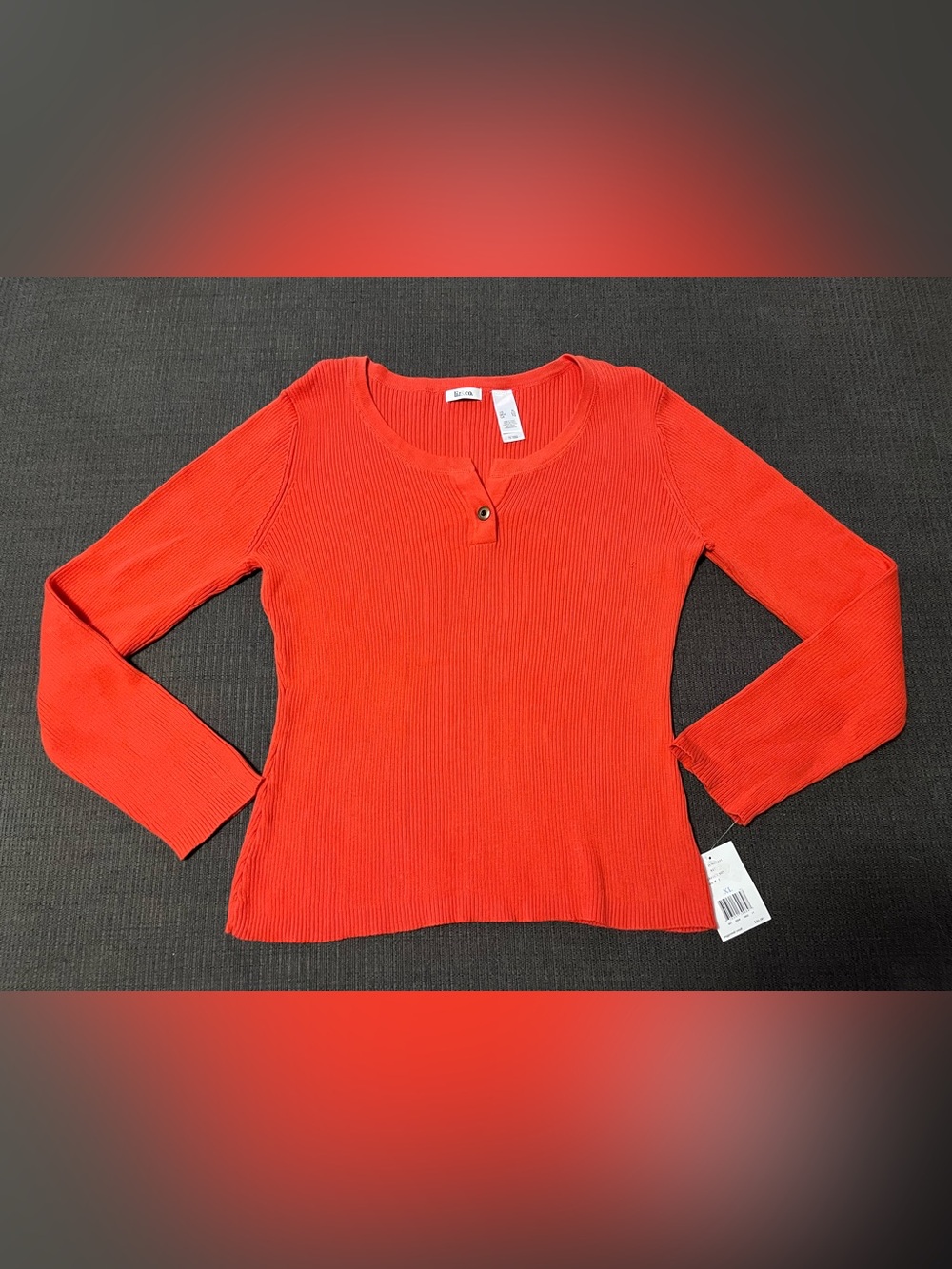 Liz & Co Women's Ribbed Long-Sleeve Orange Sweater Top Henley NWT